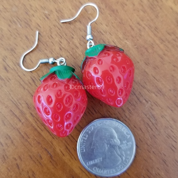 2 for $8 3D Strawberry Statement Hook Earrings - Picture 5 of 5